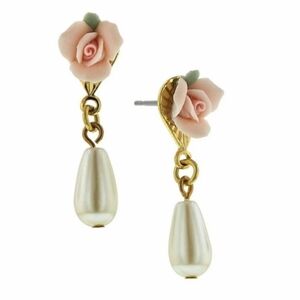 1928 Porcelain Pink Flower & Dangling Pearl Pierced Post Earrings  NOS
